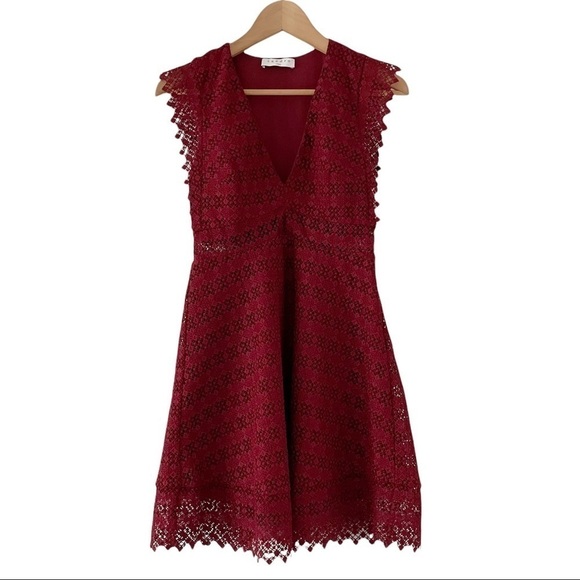 Sandro Bordeaux Guipure Crochet Lace Mini Dress Red - Picture 7 of 16
